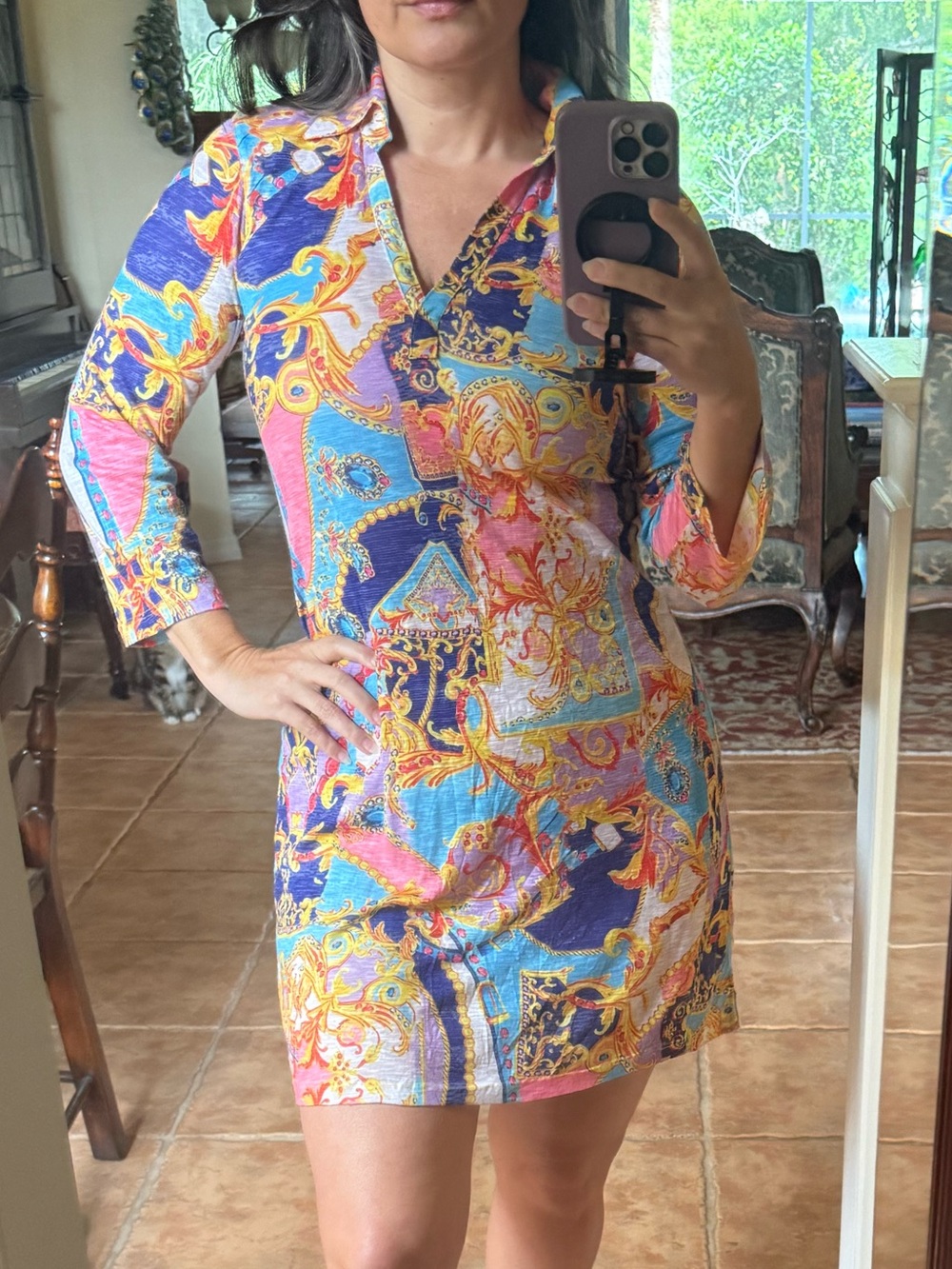 David Cline Multicolor Blue Pink Yellow Print Tunic Dress